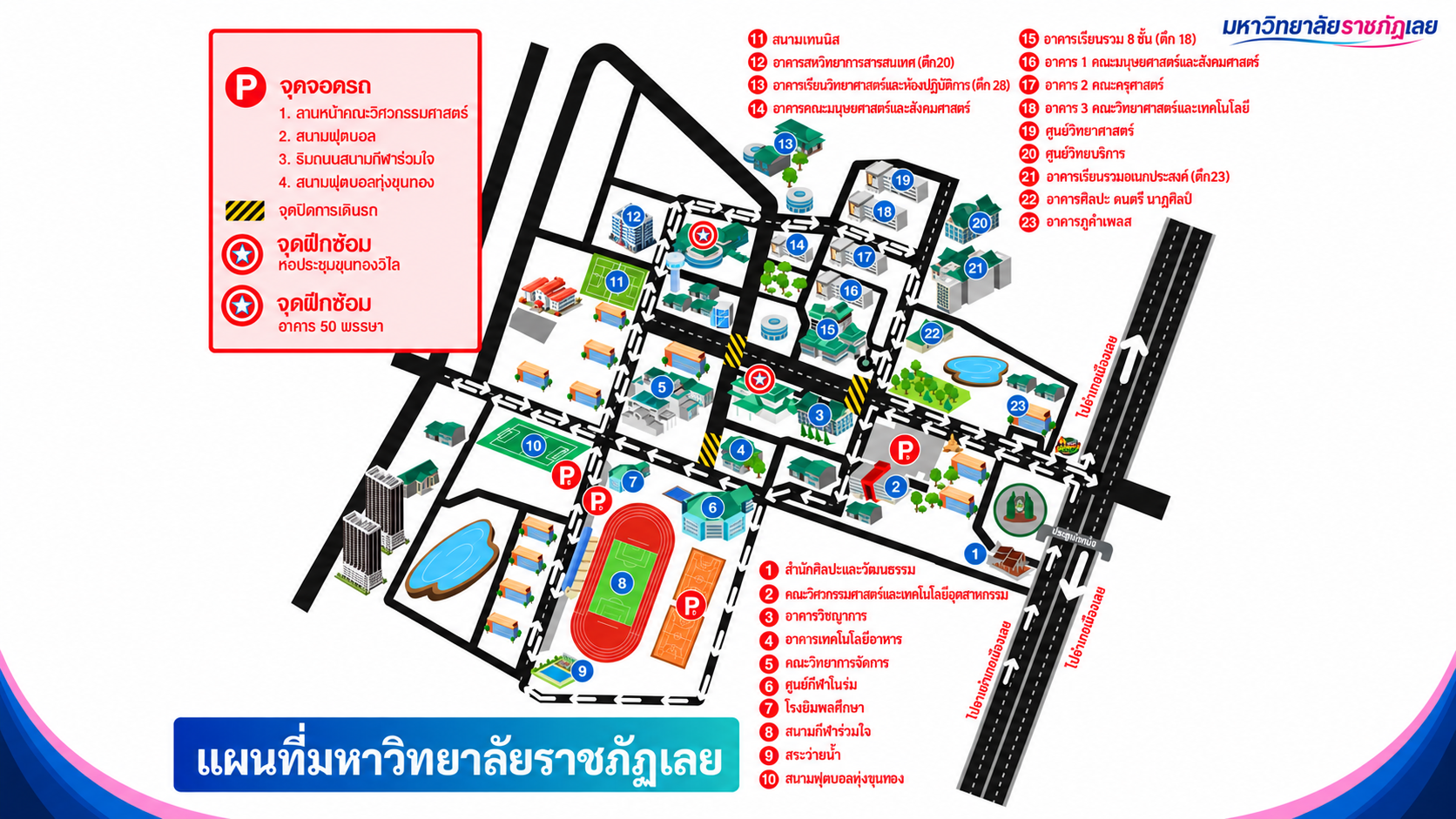 แผนผังมหาวิทยาลัยราชภัฏเลย พร้อมจุดจอดรถและจุดฝึกซ้อม